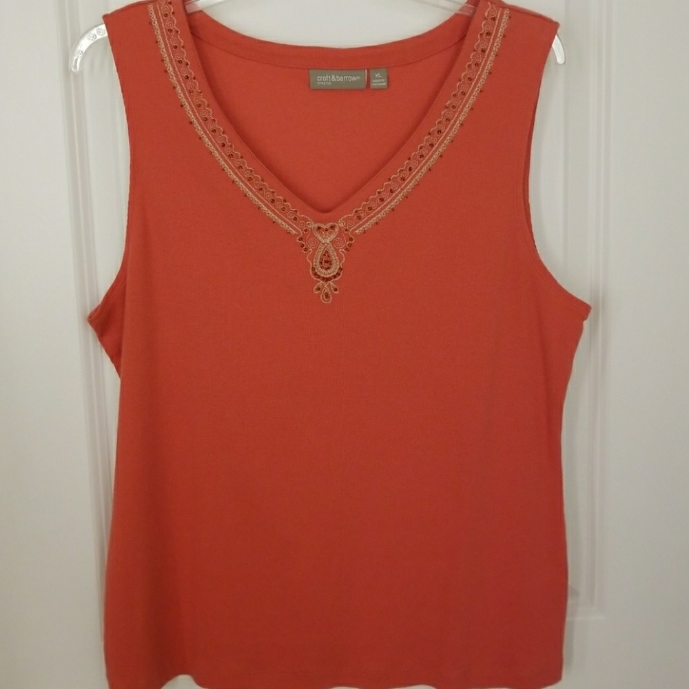 Orange Beaded Neck Knit Tank